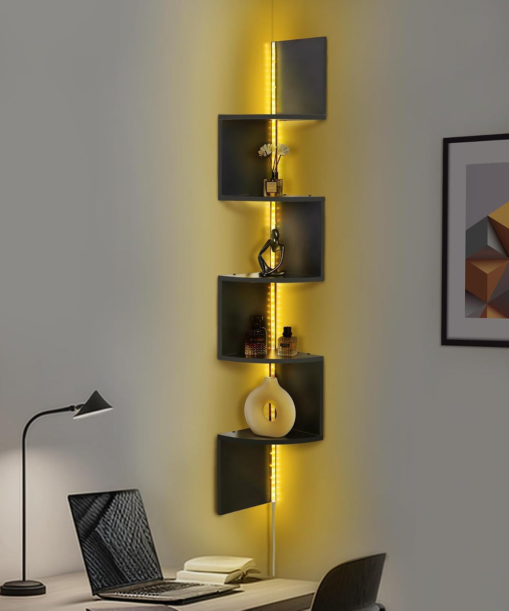 5 Tiers Corner Shelf with RGB LED Lights, 49.2" Wall Mount Floating Corn...