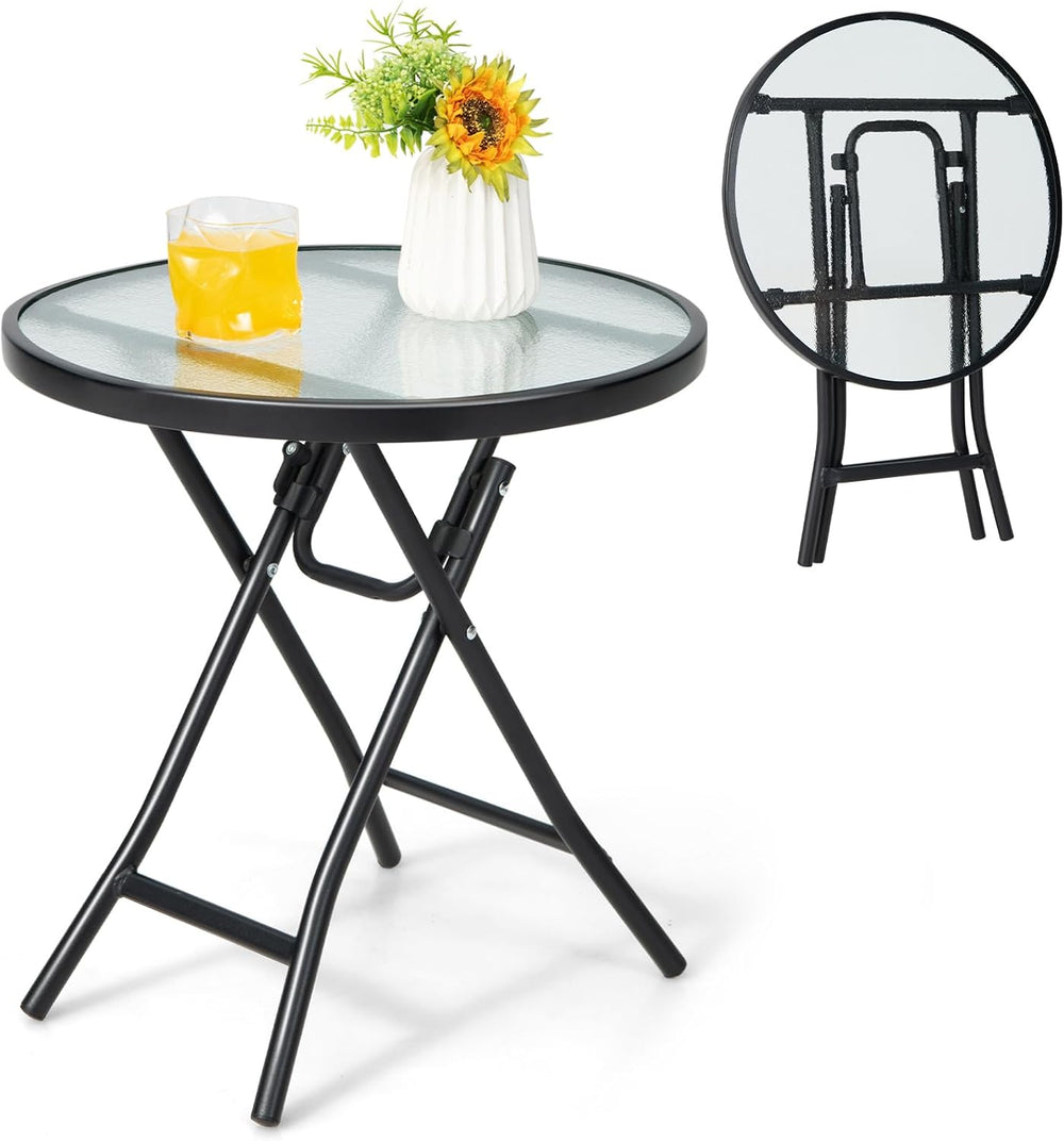 HAPPYGRILL Outdoor Side Table, Folding Small Patio Table with Tempered Glass ...