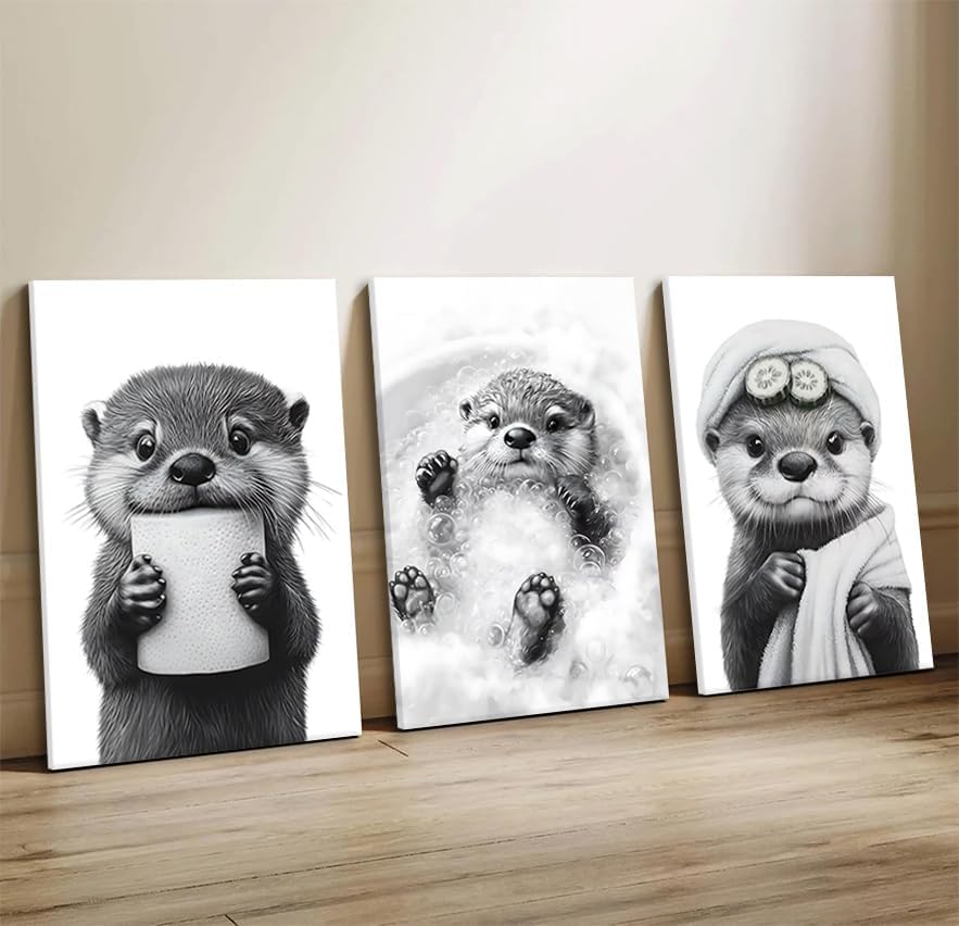3Pcs Cute Otter Canvas Wall Art Funny Bathroom Paintings Pictures Wall Decor ...
