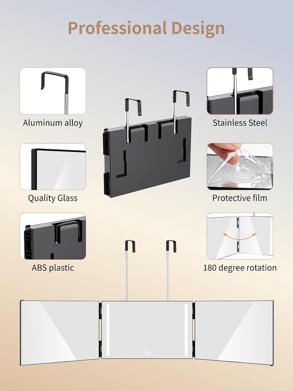 LANMEL 3 Way Mirror with Lights,360 Mirror for Haircuts for Men