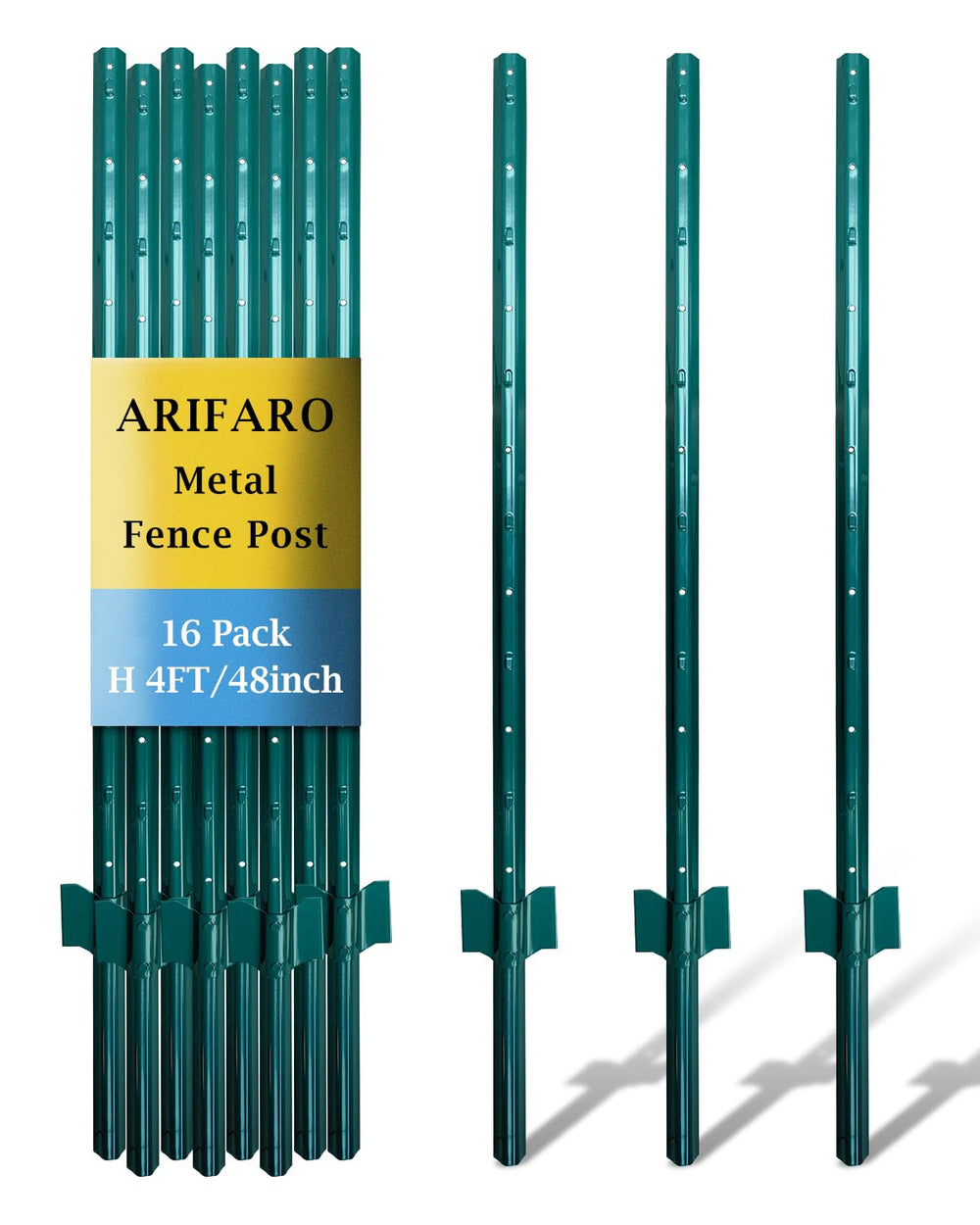 ARIFARO Fence Posts 4 Feet, 16-Pack, Heavy Duty U Post, Metal Fence Post
