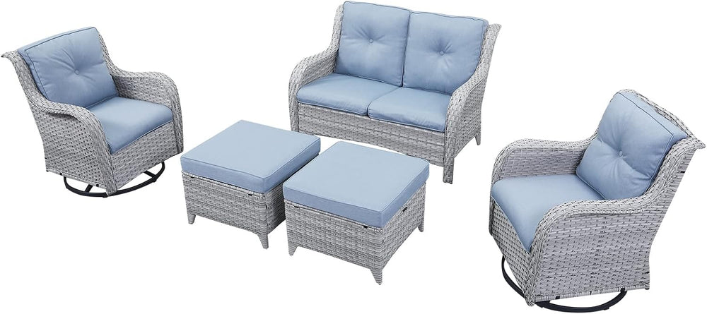 HUMMUH 5 Piece Wicker Patio Set, Loveseat & Swivel Rockers