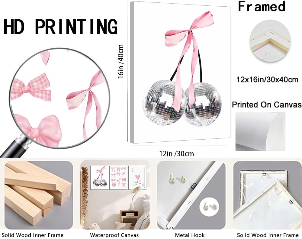 Pink Bows Wall Art Set of 3, Preppy Coquette Wall Decor, Trendy Disco Ball an...