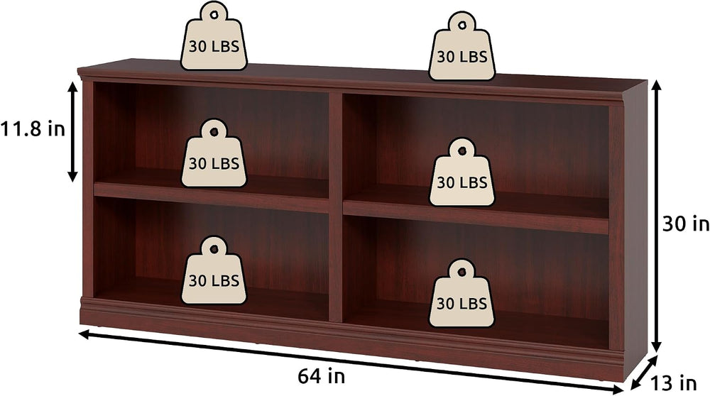 64" W Double Wide Open Shelf Bookcase, 2 Tiers 4 Storage Cube Book Case