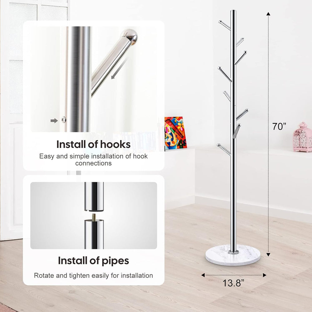 Homde Metal Coat Rack Stand: Natural Marble Base with 8 Hooks (Silver)
