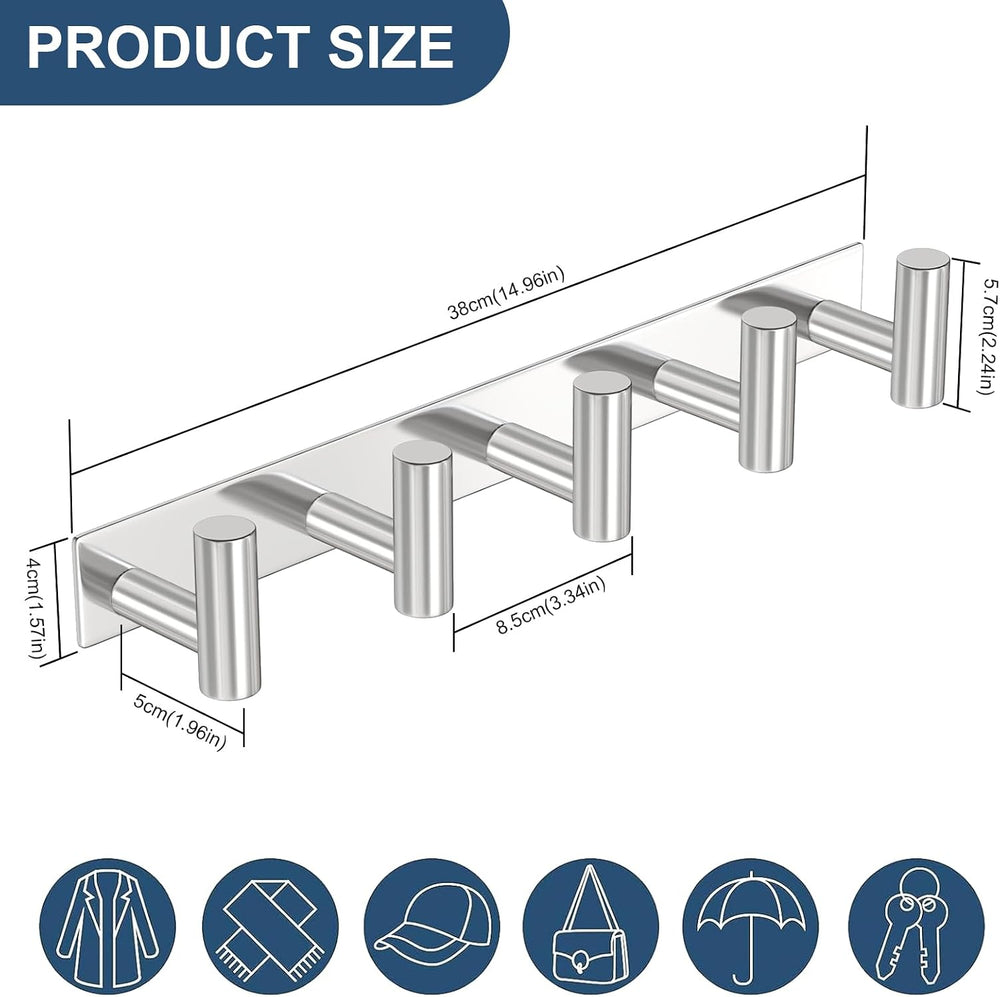 PMMASTO Wall Mounted Coat Rack, Silver- 5 Hooks, 2 Pack, T Shape