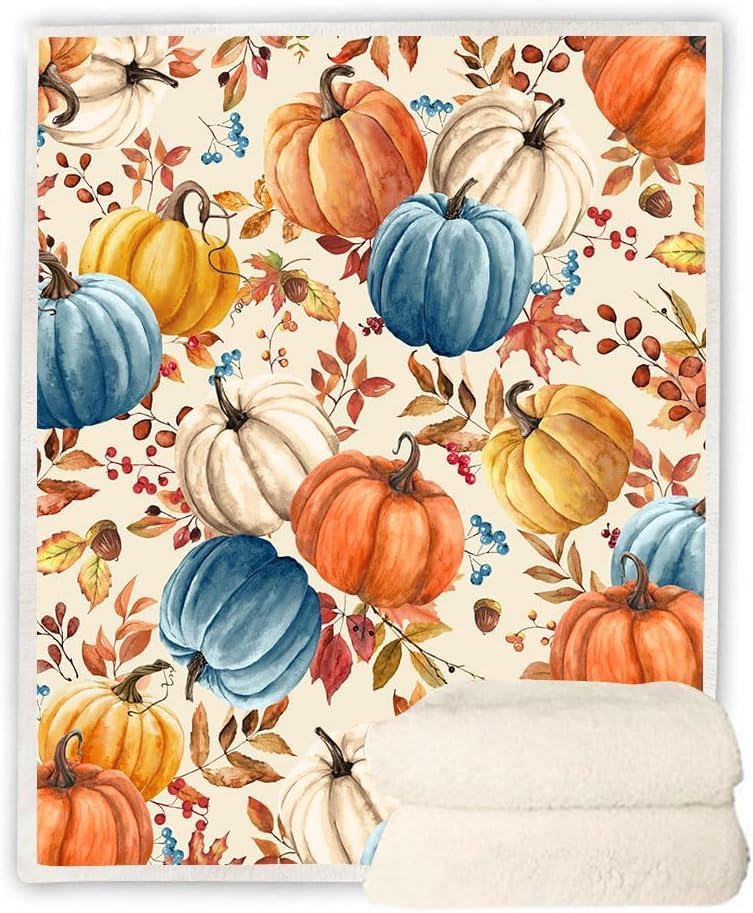 Fall Pumpkins Throw Blanket, Autumn Orange White Blue Pumpkins Leaves and Ber...