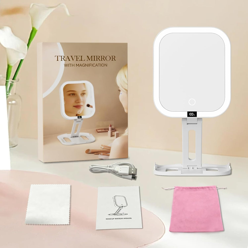 Travel Makeup Mirror with Lights,1X/10X Foldable Magnifying Mirror