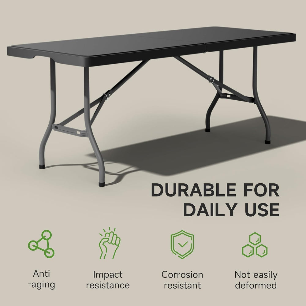6 Foot Folding Table Black - Durable 330LBS Capacity, Sturdy & Foldable D...