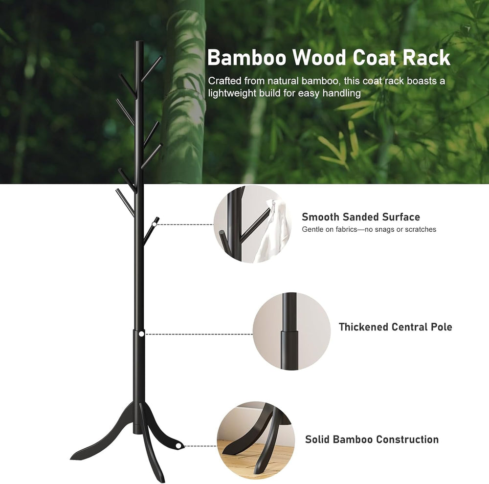 kiplant Black Coat Rack Stand, Bamboo Wood Freestanding Coat Tree with 8 Hook...