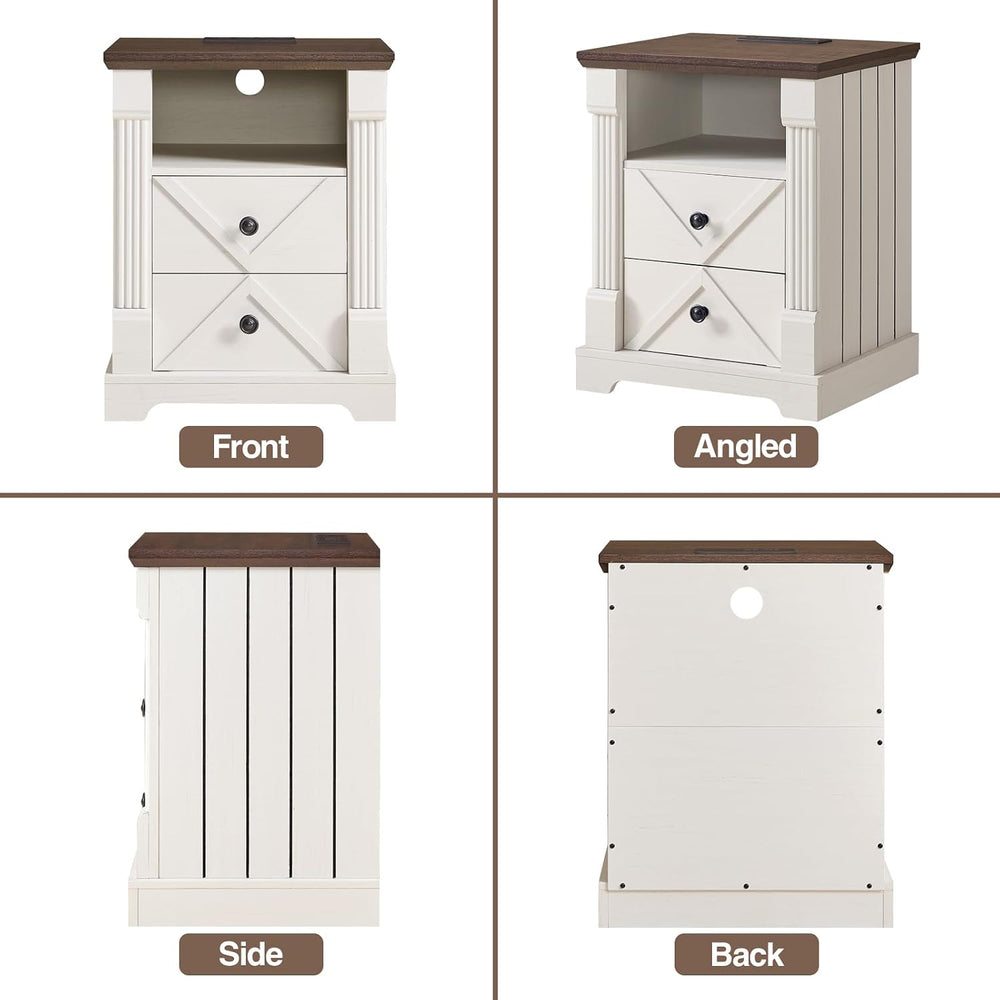BuildHom 18" Farmhouse Nightstand Set of 2 with Charging Station, White