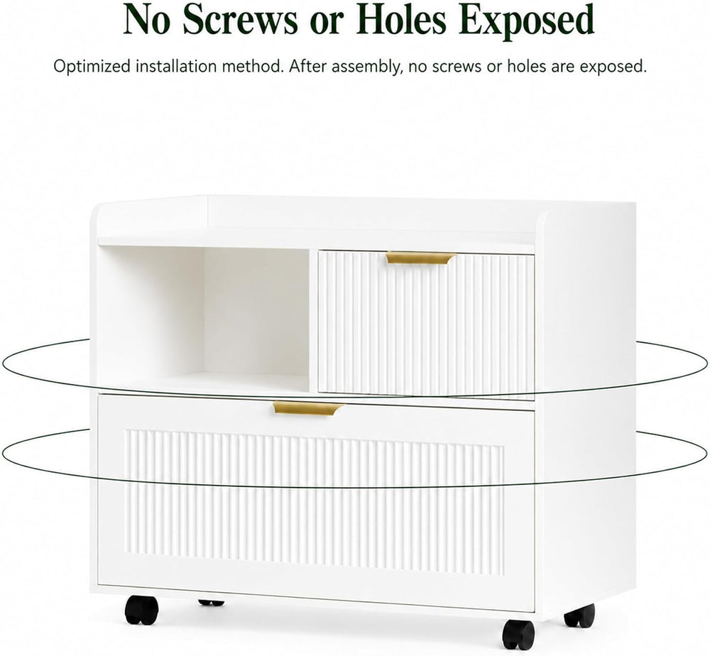 Lateral File Cabinet with Fluted Drawers, White Wooden Office Cabinet with St...