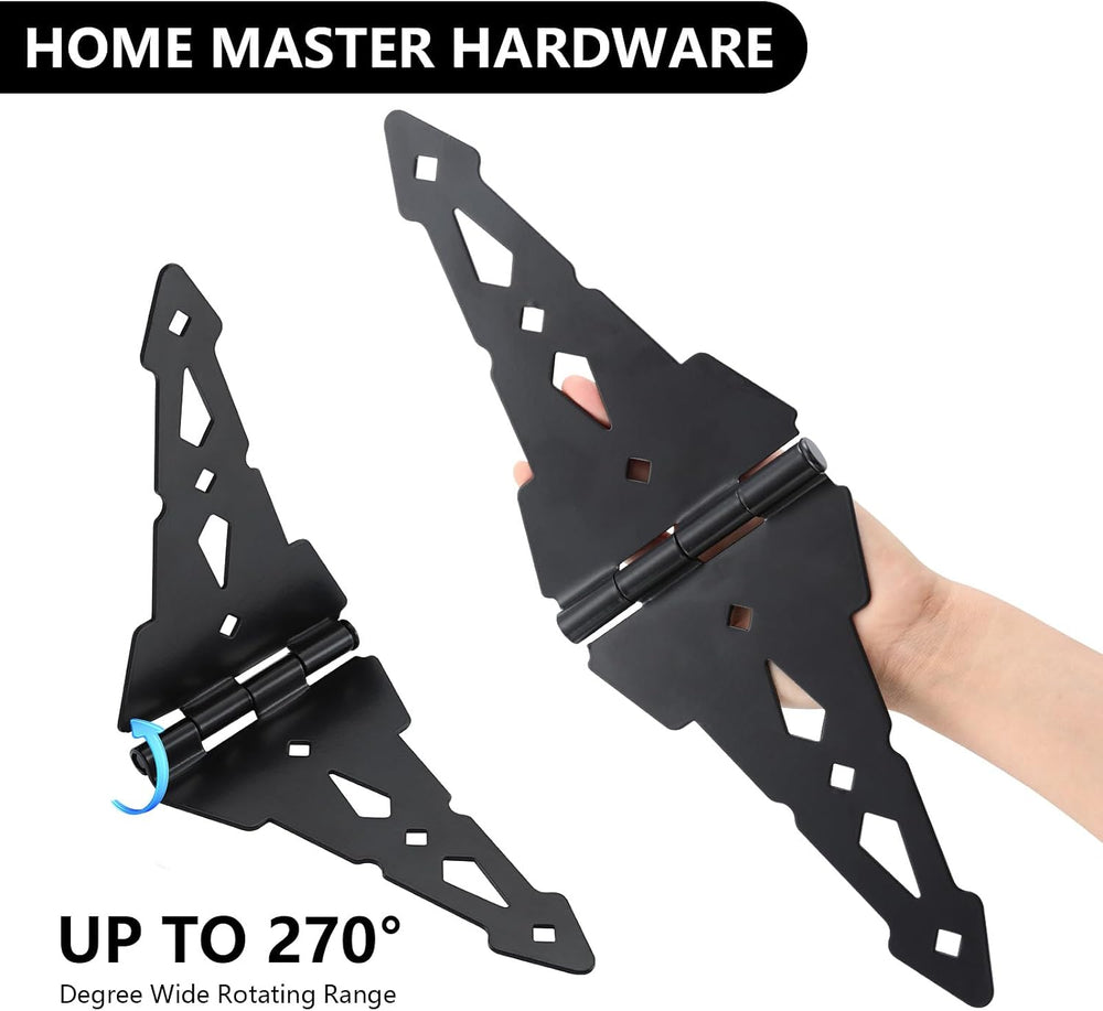 HOME MASTER HARDWARE 8" Heavy Duty Gate Hinges, 6 Pack Strap Hinges, Black