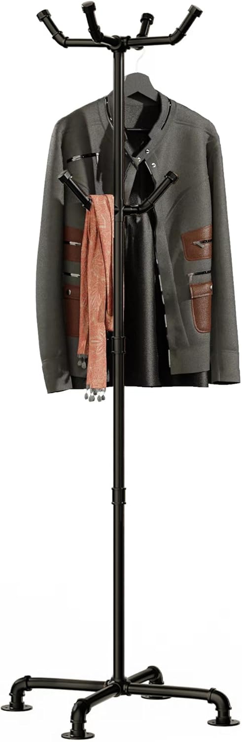 Industrial Coat Rack,Metal Pipe Coat Rack Stand Freestanding with 6 Hooks,Hea...