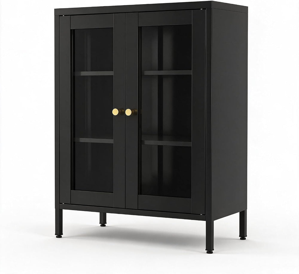 Black Metal Bathroom Glass Storage Cabinet, 2 Doors