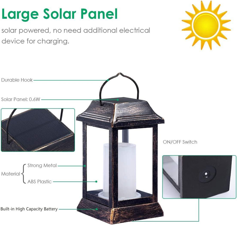 TomCare Flickering Flame Solar Lights Outdoor Metal Hanging Lantern, 2 Pack