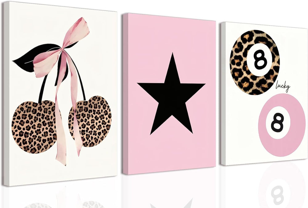 Trendy Pink Leopard Bow Canvas Wall Art Set of 3 Funky Cherry Lucky 8 Ball Po...