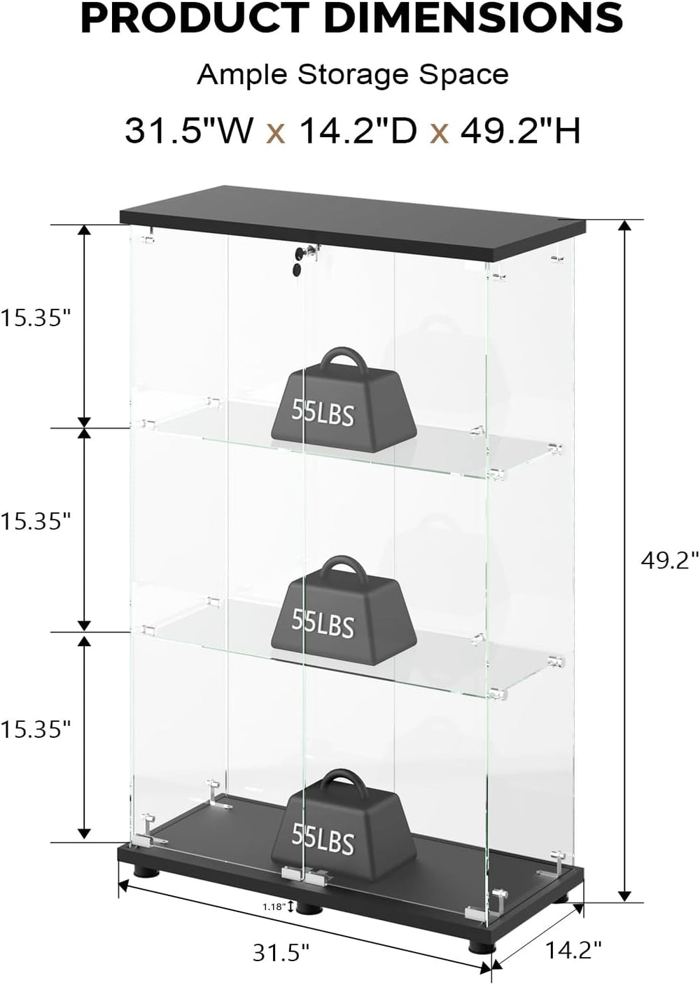 VINGLI Glass Display Cabinet with 3 Shelves, Double Doors and Lock, Floor Sta...