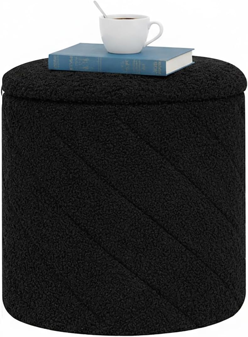 B FSOBEIIALEO Ottoman with Stroage, 13" Round Boucle Ottomans, Black