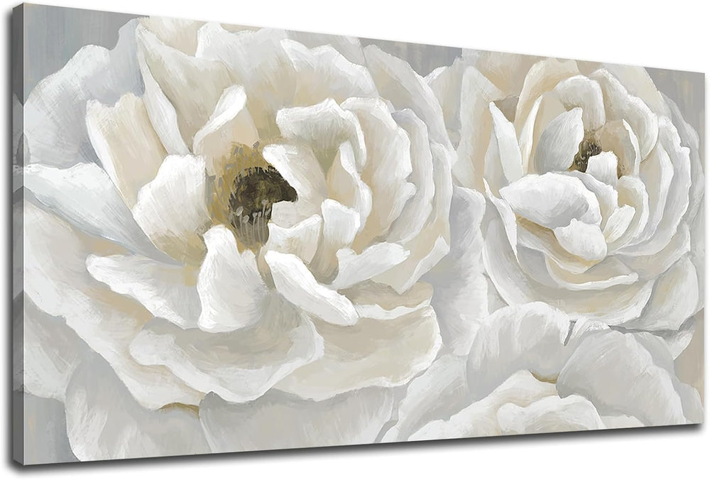 Cream White Flower Wall Art Elegant Botanical Painting Prints, 24"x48"