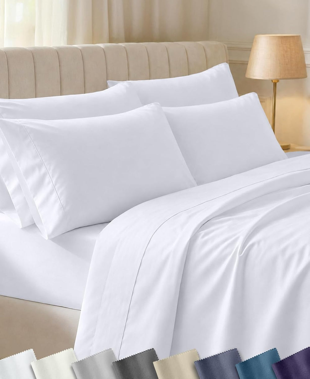 California Design Den 100% Cotton Sateen King Bed Sheet Set, 6 Pcs, White