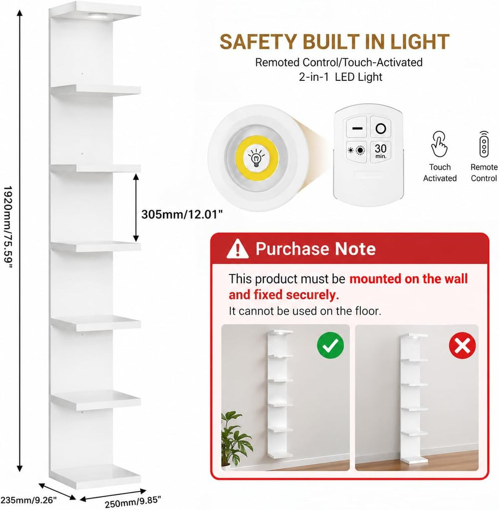 7 Tier Wall Shelf Unit White Floating Shlef with Led Light for Display