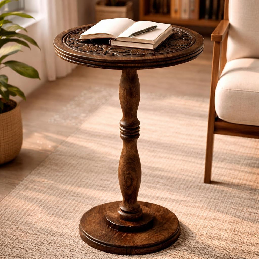 Mango Wooden Accent Table 12x22 Round Handcrafted Carved Side Table