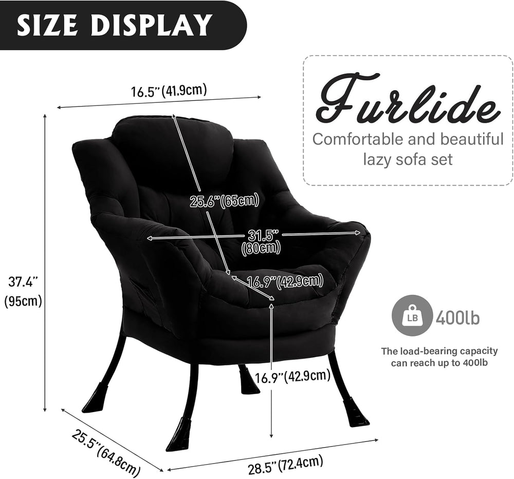 Furlide Comfy Lazy Reading Chair with Armrests and Side Pocket, Black