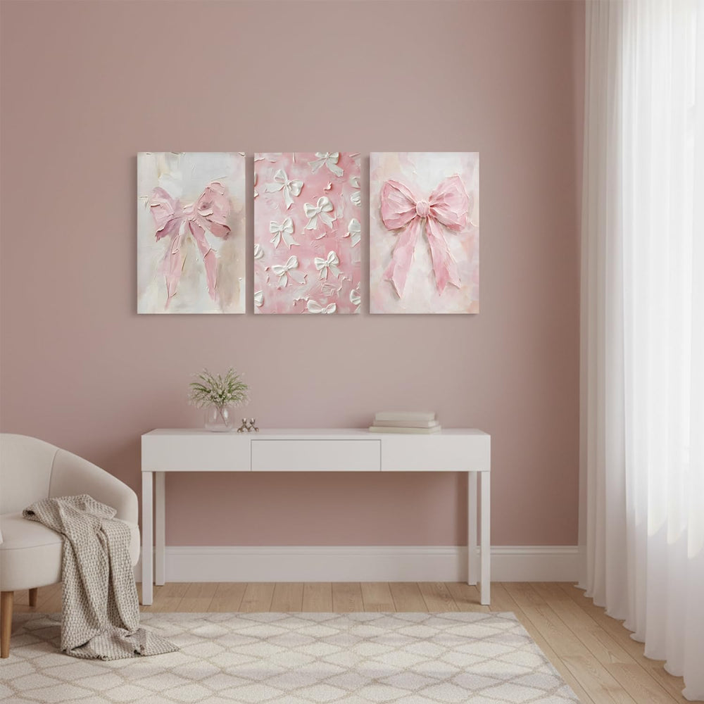 Pink Bow Canvas Wall Art Set of 3 Trendy Preppy Oil Painting Posters Wall Dec...