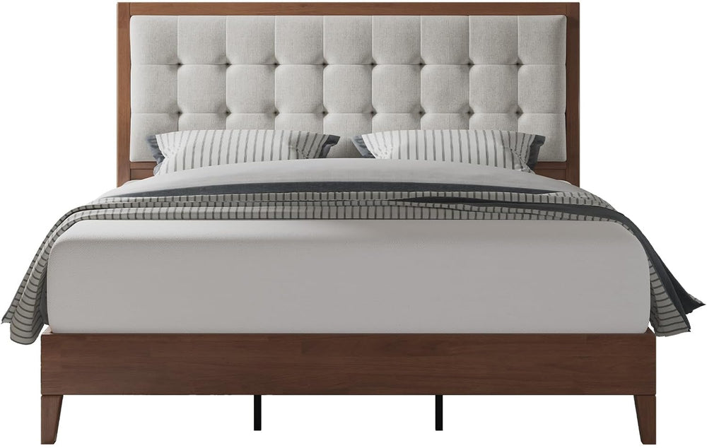 Jocisland Solid Wood King Bed Frame, 50" Tall Upholstered Headboard,Walnut