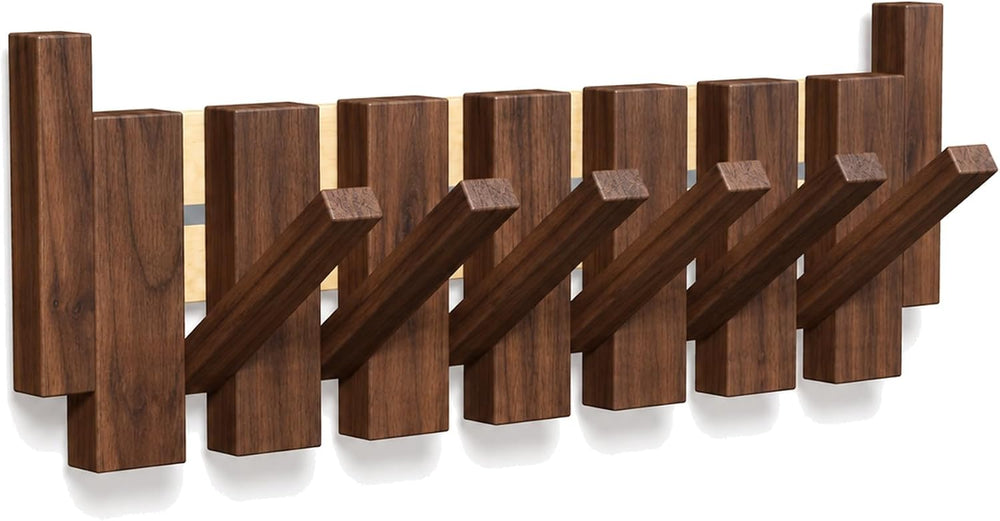 Piano Key Coat Rack Wall Mounted, 6 Flip-Down Hooks, Walnut-Toned