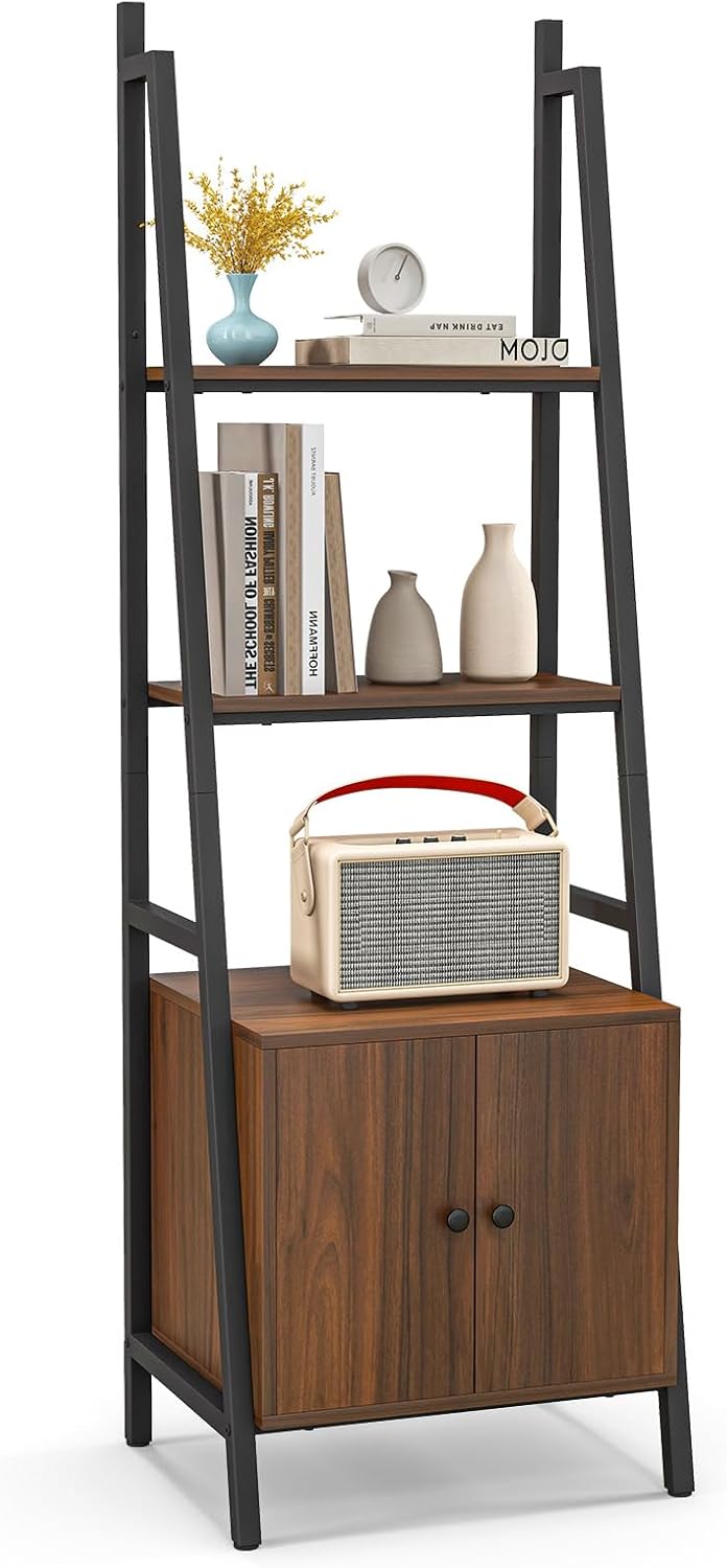 Tangkula 4-Tier Ladder Shelf, Industrial Bookshelf w/Cabinet, Rustic Brown