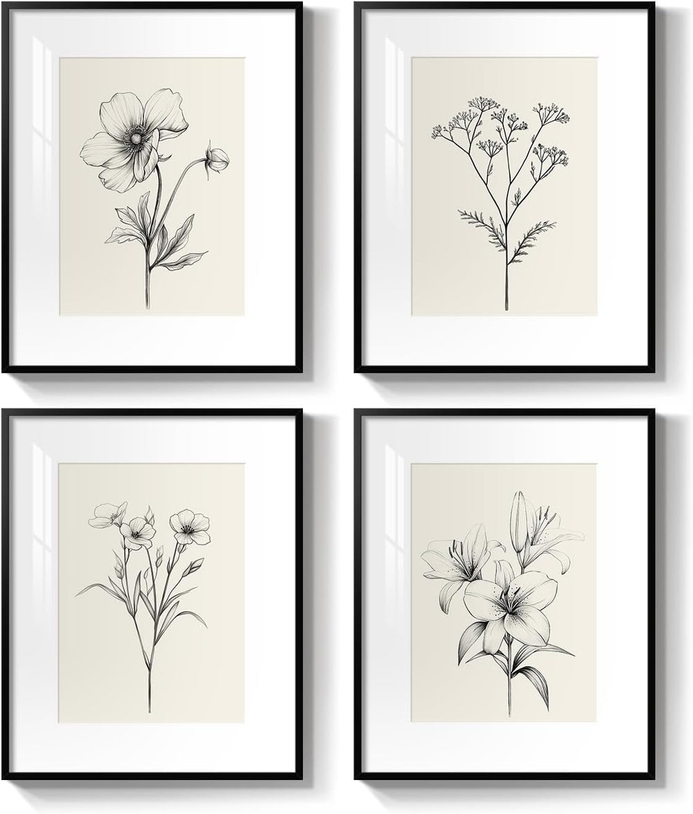 Framed Black and White Botanical Wall Art for Bathroom, 4 Piece 8x10 In