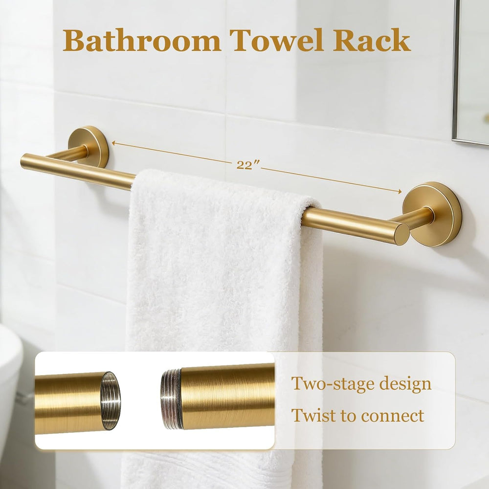 5-Pieces Wall Mount Bathroom Hardware Set,22in Brushed Gold Towel Bar Set