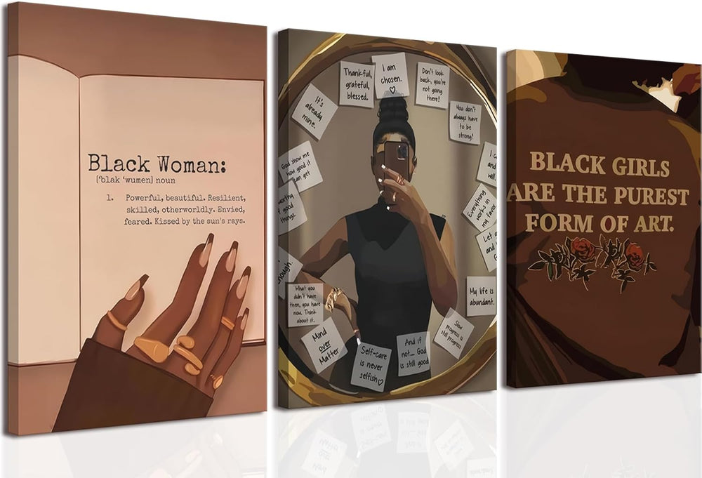 Black Girl Wall Art Set of 3 African American Canvas Wall Decor Fashion Abstr...