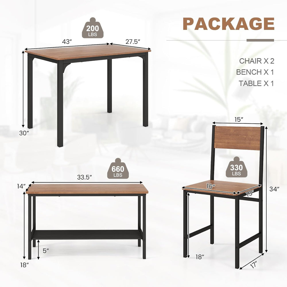 COSTWAY Dining Table Set for 4 w/Bench & 2 Chairs, Storage Racks, Brown