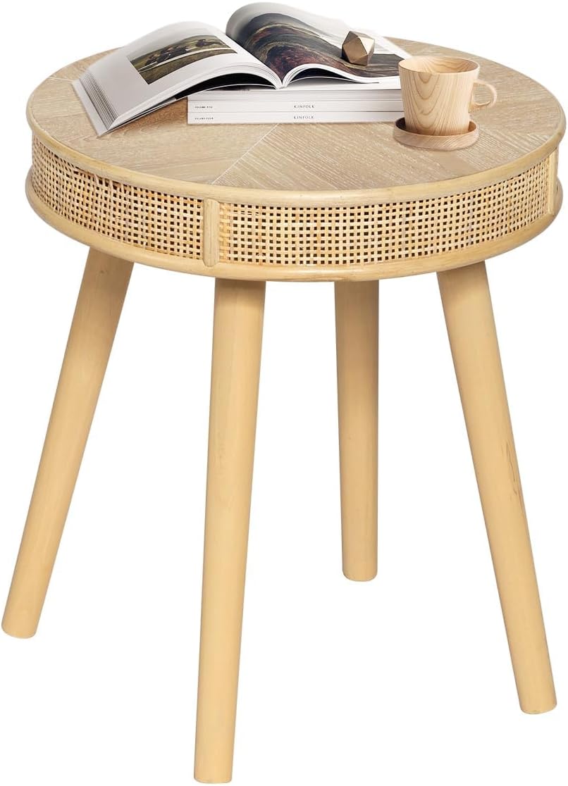 RUSTOWN 2-Piece Farmhouse Coffee Table, Modern Round Rattan Side Tables