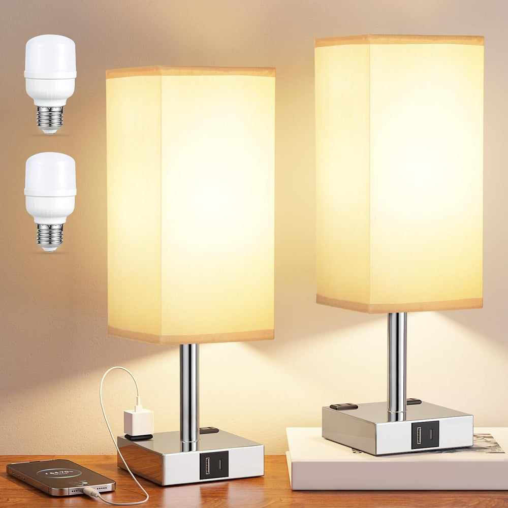 Set of 2 Grey Touch Table Lamp for Bedroom, Dimmable, USB C+A, 2 AC Outlets