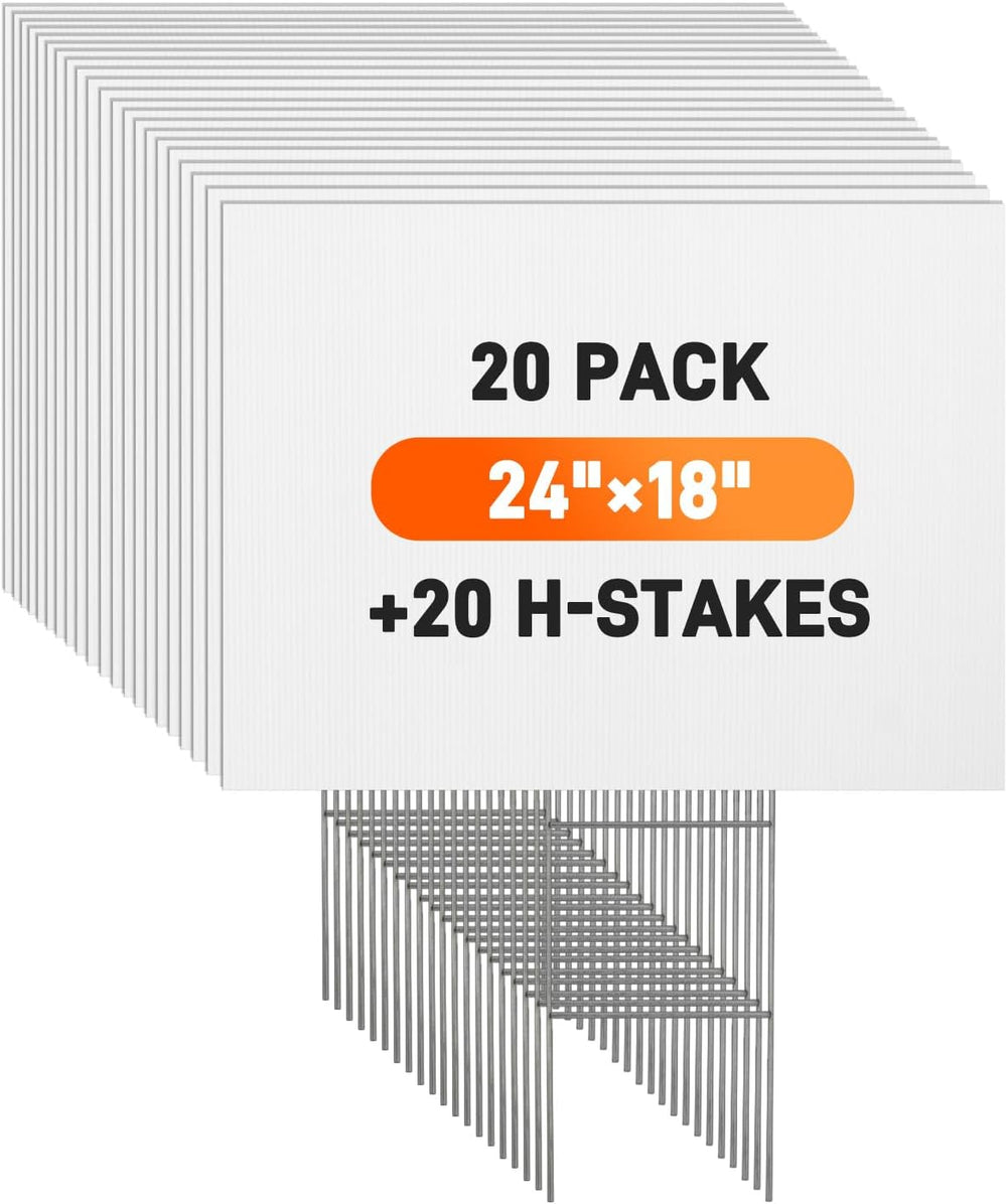 20 Pack Blank Yard Signs with Stakes, 24x18" 5mm Corrugated Plastic Board