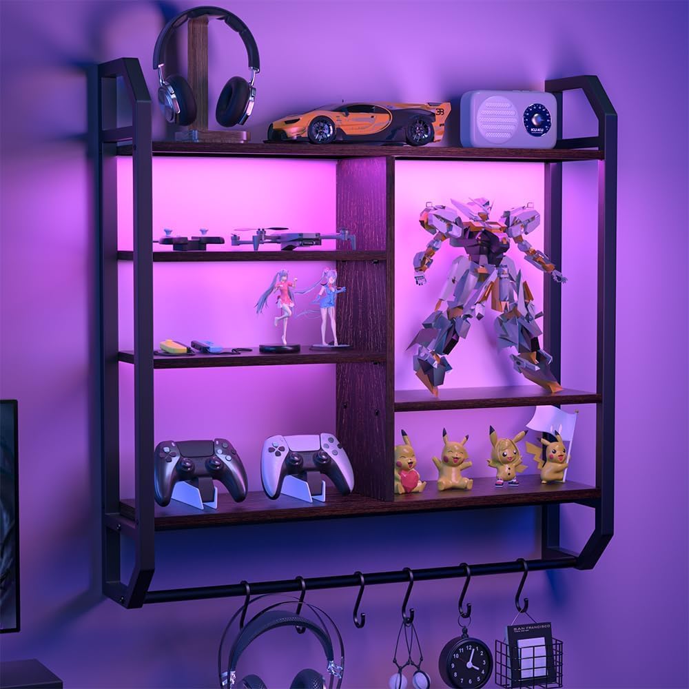 34 Inch Gaming Shelf, 6-Tier with LED Floating Shelf for Wall