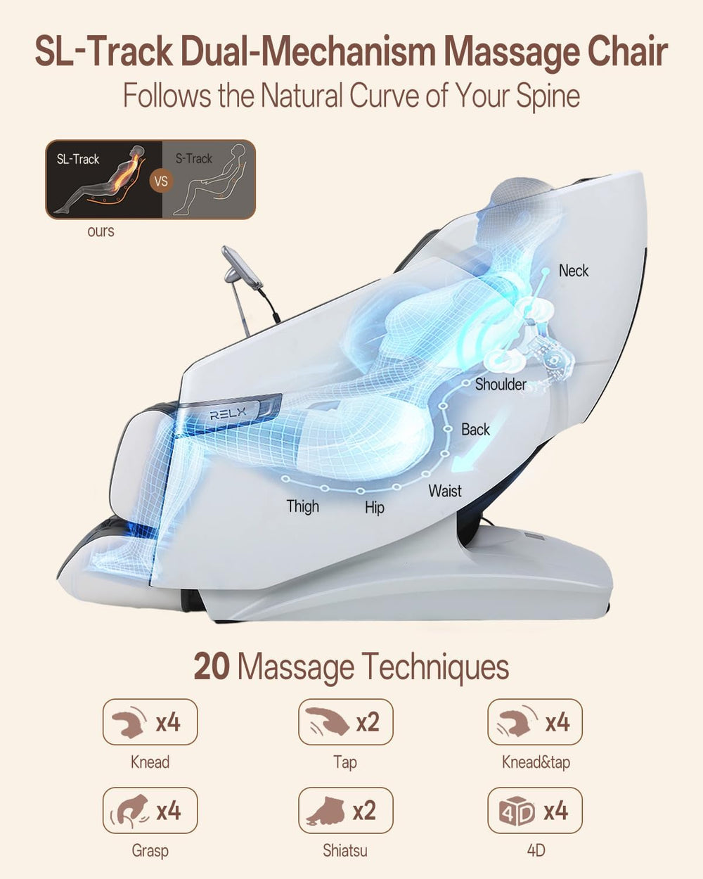 RELX 4D Massage Chair Full Body, Zero Gravity Shiatsu, Body Scan, White