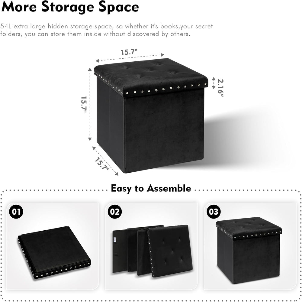 B FSOBEIIALEO Storage Ottoman Cube, 15.7" Velvet Folding Ottoman, Black