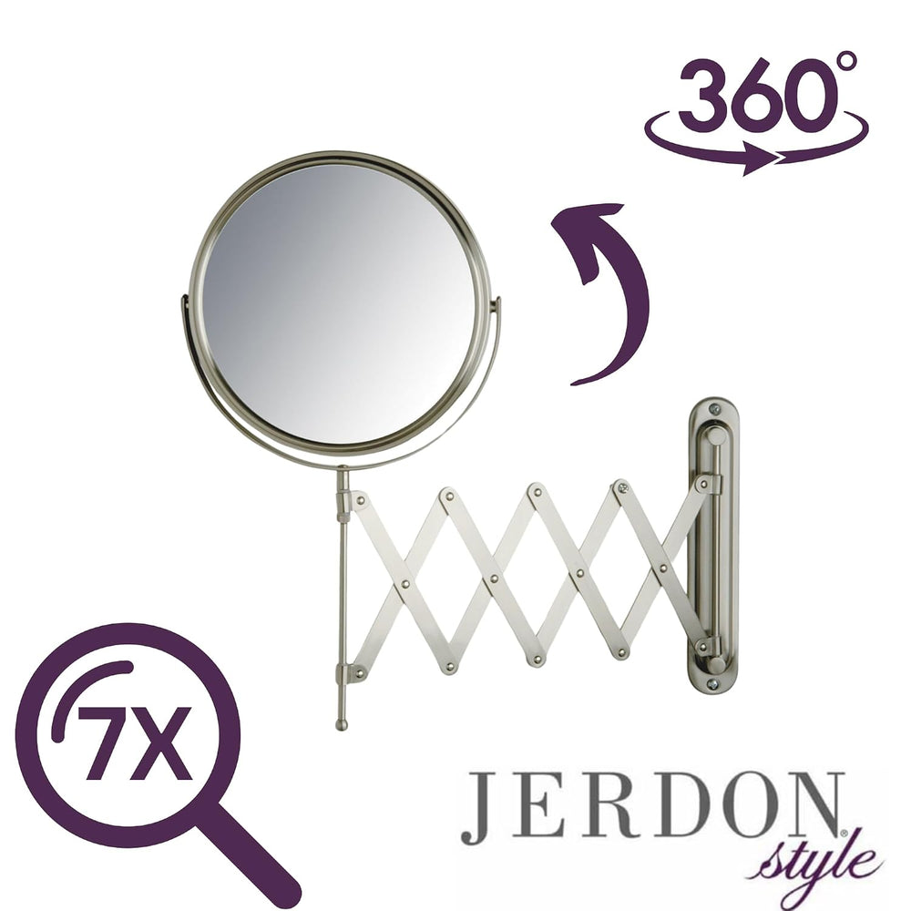 JERDON Wall-Mounted Makeup Mirror - 7X Magnification - Nickel - JP2027N