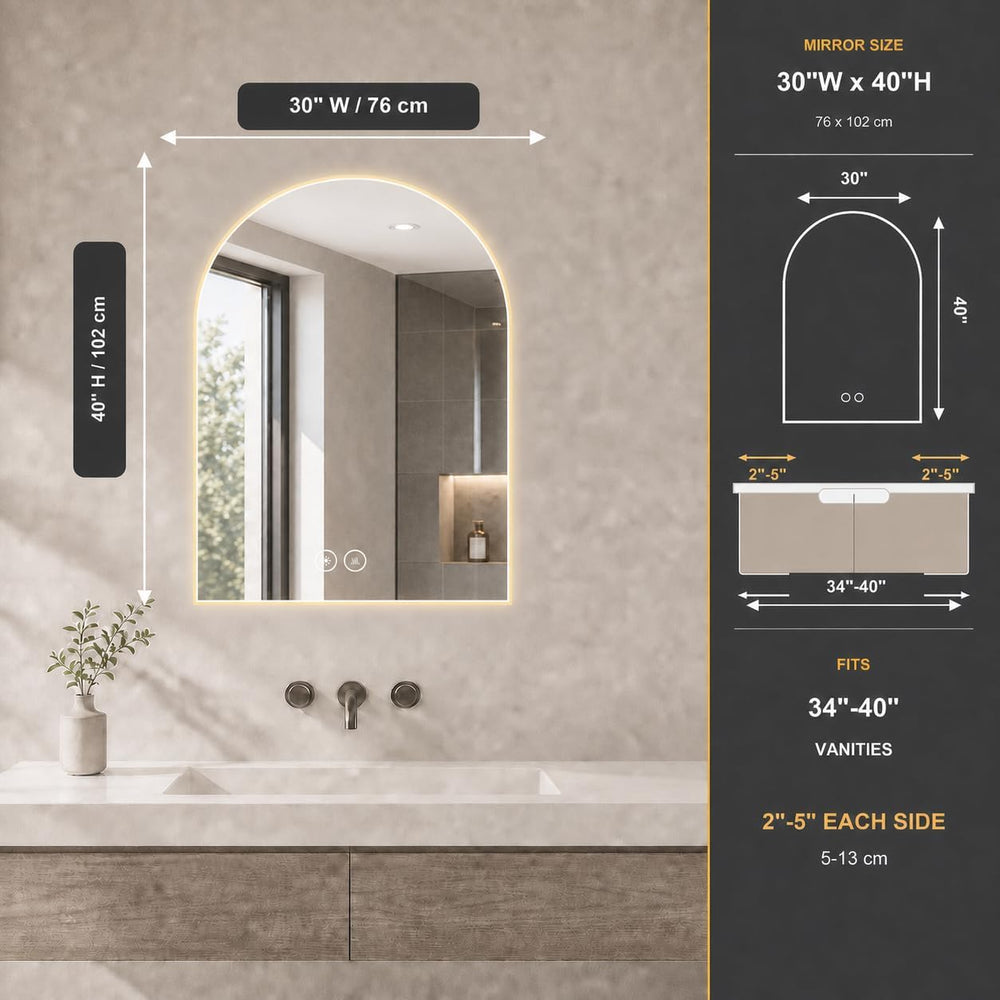 LAIYA 40 x 30 Inch Arched LED Bathroom Mirror, Frameless, Backlit, Anti-Fog