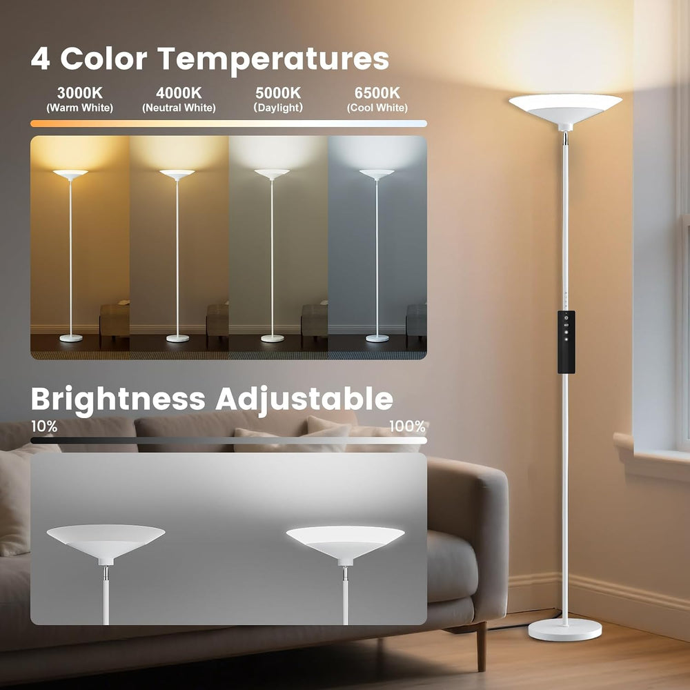 SIBRILLE White Torchiere Floor Lamp - 30W Dimmable LED Standing Lamp with Rem...