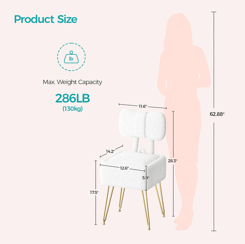 Small Vanity Stool Chair with Storage and Foldable Back, White