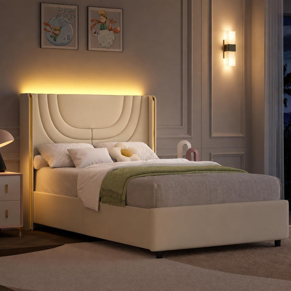 Twin Size Bed Frame with LED Lights and Gold Wingback Headboard,Cream