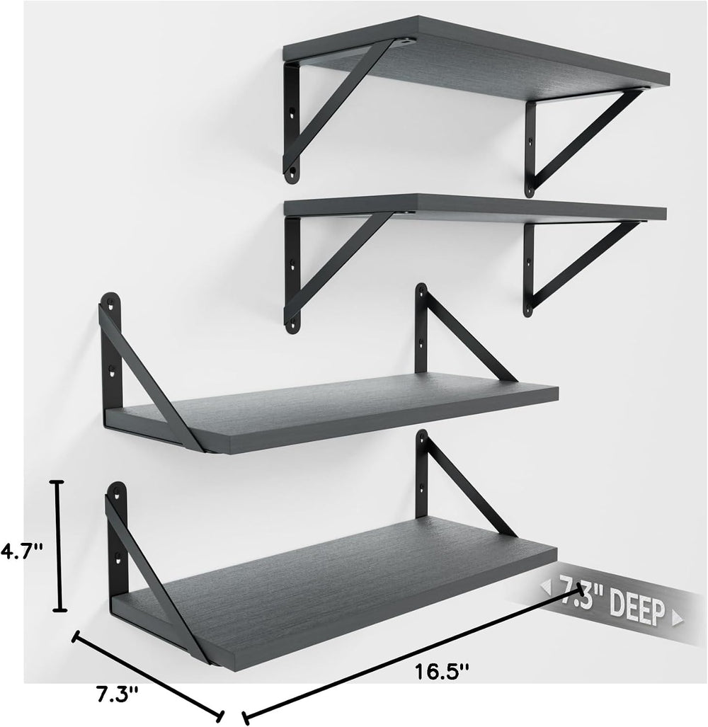 COCOYA Wall Shelves 7.3" Deep Solid Paulownia Wood (Grey, Set of 4)