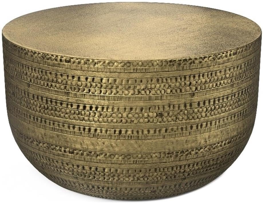 SIMPLIHOME Johnsen 30" Wide Round Metal Coffee Table in Antique Gold