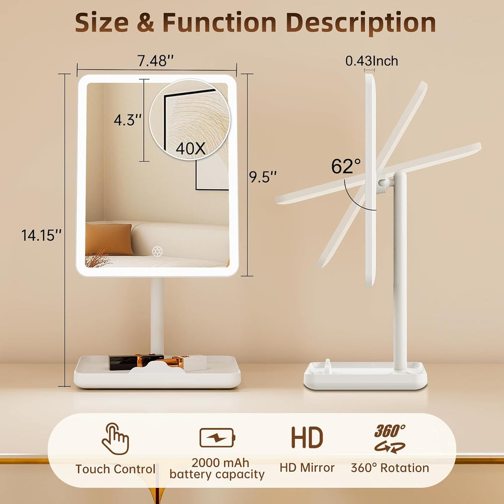 FUNTOUCH 4000mAh Rechargeable Vanity Mirror with Lights 40X Magnifier,White